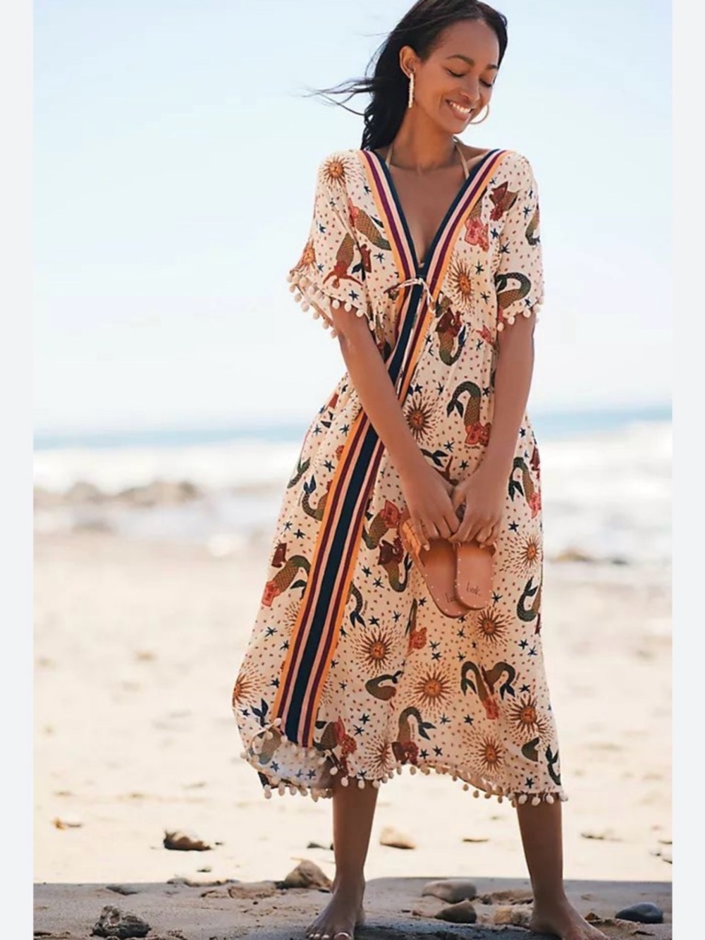 FARM Rio Cream Midi Dress with Sun & Ribbon Trim